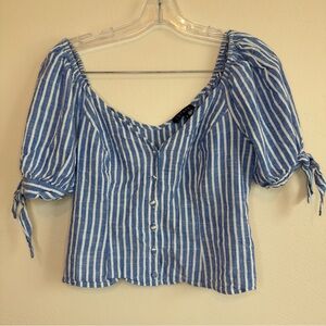 1. State Blue and White Ruched Puff Sleeve Blouse